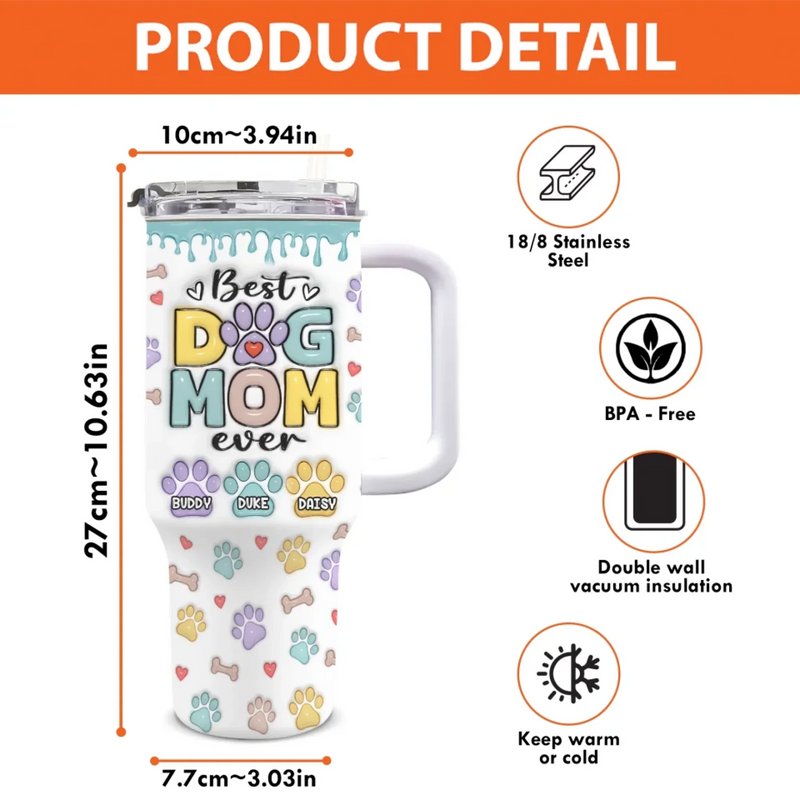 Just A Dog Mom Doing Her Best - Dog Personalized Custom 3D Inflated Effect Printed 40 Oz Stainless Steel Tumbler With Handle - Gift For Pet Owners, Pet Lovers