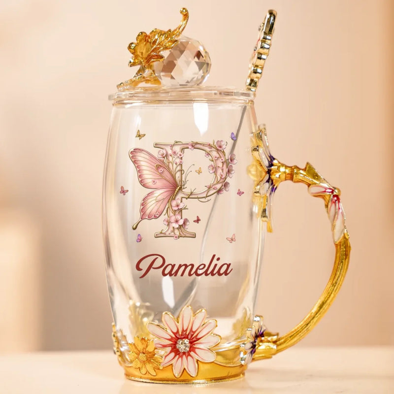 Bloom With Grace - Family Personalized Custom Enamel Flower Tea Cup With Lid & Spoon - Gift For Yourself, Best Friends, Siblings, Family Members