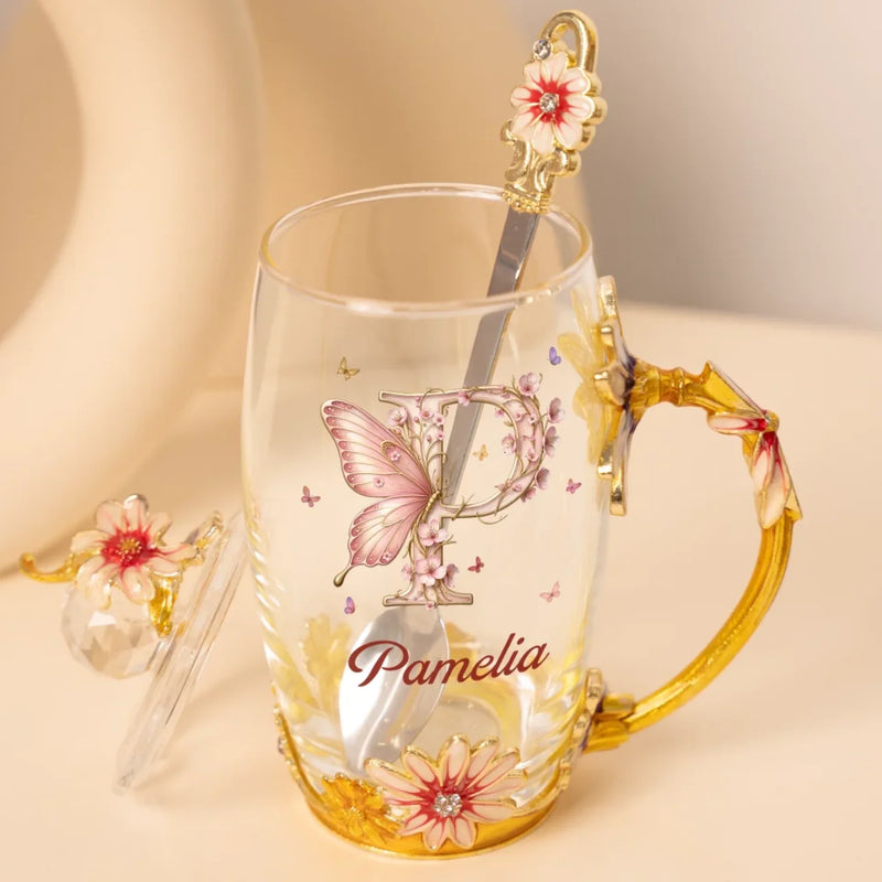 Bloom With Grace - Family Personalized Custom Enamel Flower Tea Cup With Lid & Spoon - Gift For Yourself, Best Friends, Siblings, Family Members