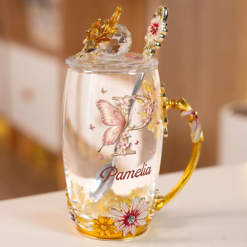 Bloom With Grace - Family Personalized Custom Enamel Flower Tea Cup With Lid & Spoon - Gift For Yourself, Best Friends, Siblings, Family Members