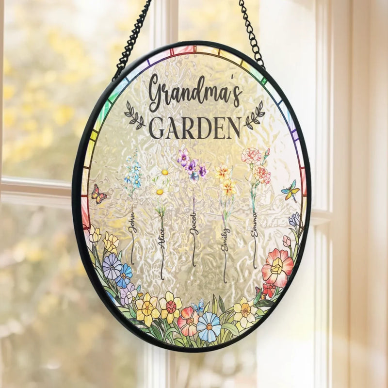 Sunshine, Petals And Grandma’s Love - Family Personalized Custom Stained Glass Window Hanging Suncatcher - Mother's Day, Gift For Mom, Grandma