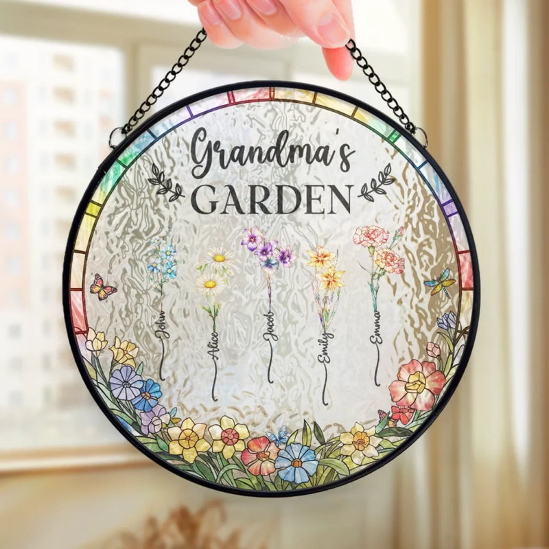 Sunshine, Petals And Grandma’s Love - Family Personalized Custom Stained Glass Window Hanging Suncatcher - Mother's Day, Gift For Mom, Grandma