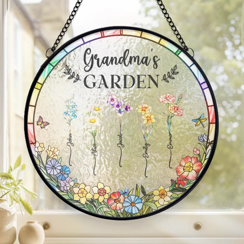Sunshine, Petals And Grandma’s Love - Family Personalized Custom Stained Glass Window Hanging Suncatcher - Mother's Day, Gift For Mom, Grandma