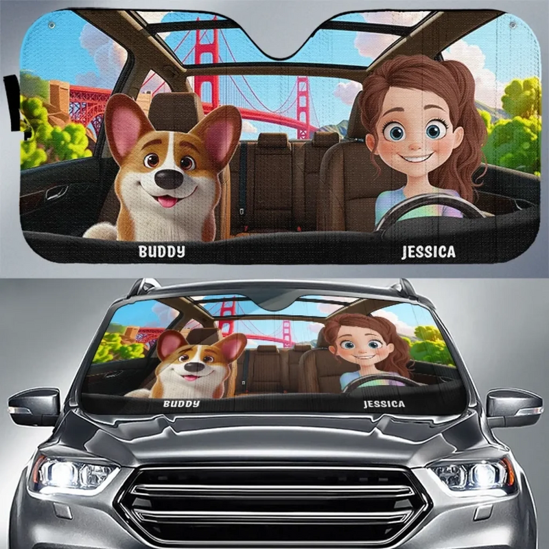 Custom Name Dog Lover Road Trip Gifts - Personalized Auto Sunshade