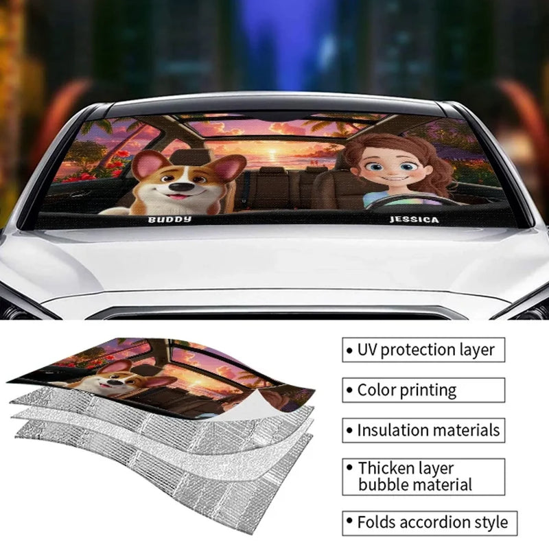 Custom Name Cartoon Dog Owner Gifts - Personalized Auto Sunshade