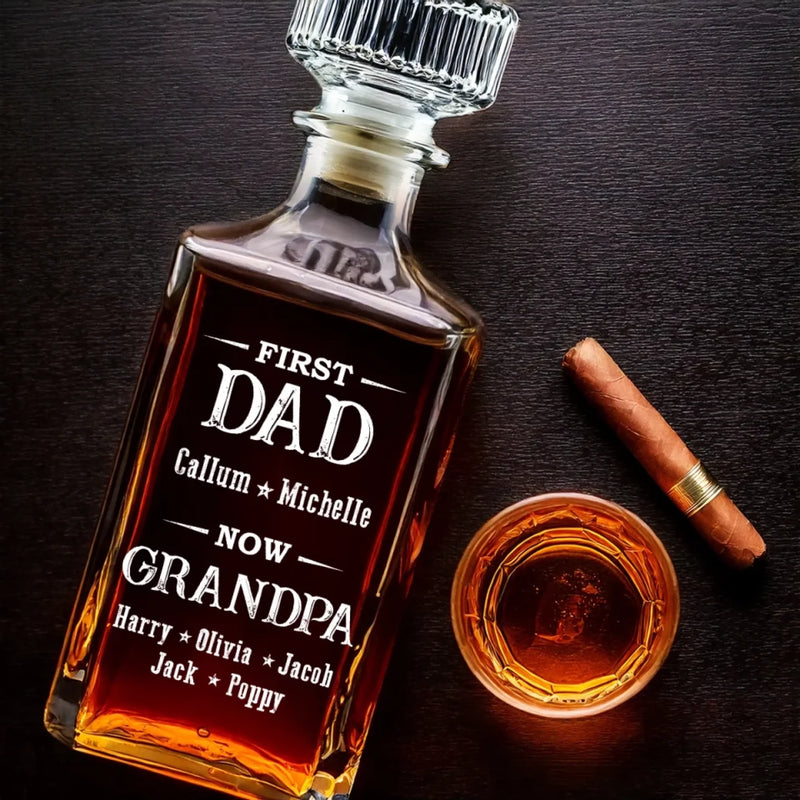 Raising Kids, Raising Glasses - Family Personalized Custom Glass Whiskey Bottle - Father's Day, Gift For Dad, Grandpa