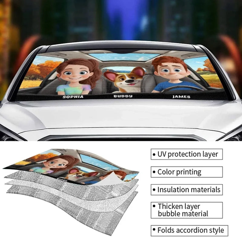 Family Rides And Puppy Vibes - Dog & Cat Personalized Custom Auto Windshield Sunshade, Car Window Protector - Gift For Couple, Anniversary, Pet Owners, Pet Lovers