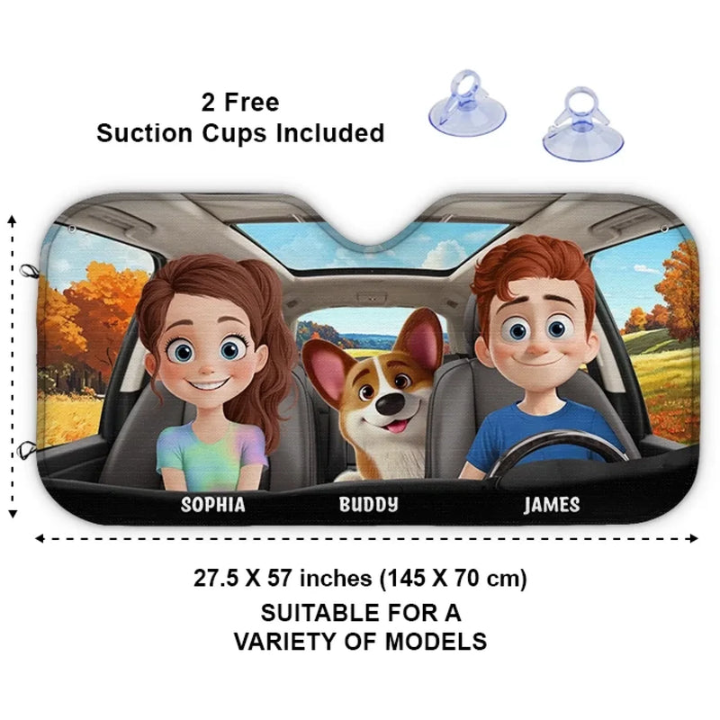 Family Rides And Puppy Vibes - Dog & Cat Personalized Custom Auto Windshield Sunshade, Car Window Protector - Gift For Couple, Anniversary, Pet Owners, Pet Lovers