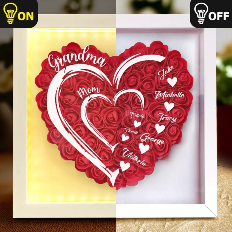 Love In Full Bloom - Family Personalized Custom Flower Shadow Box with LED - Mother's Day, Gift For Mom, Grandma
