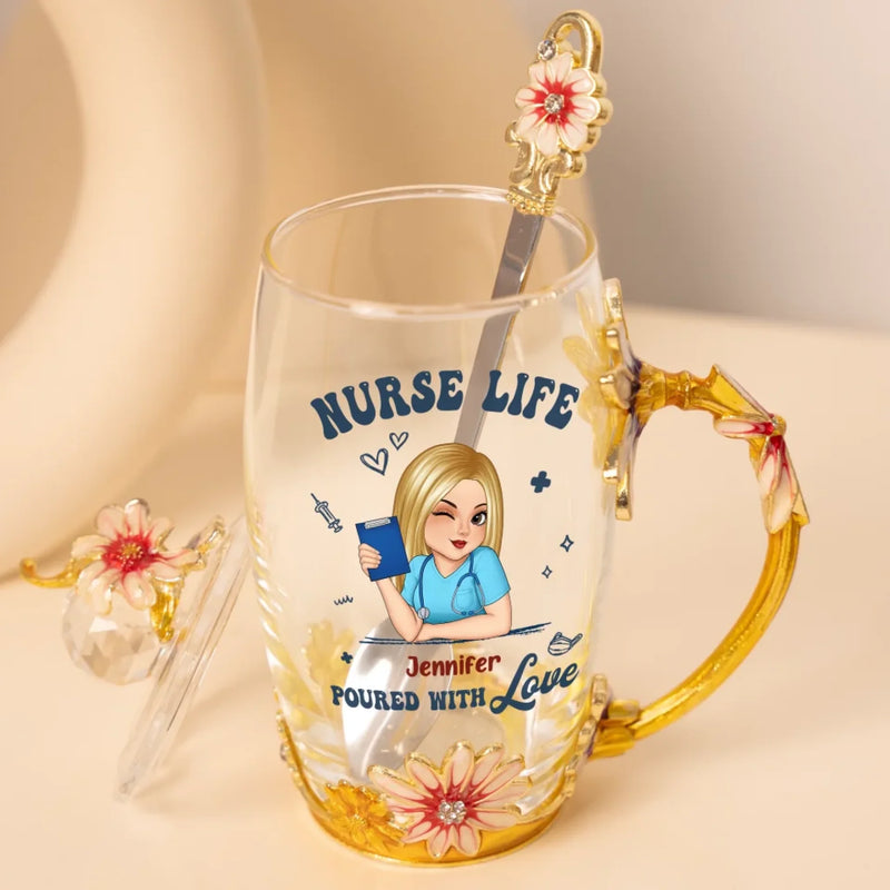 Life Saver In Cute Scrubs - Nurse Personalized Custom Enamel Flower Tea Cup With Lid & Spoon - Appreciation, Thank You Gift, Nurse Life, Doctor Life