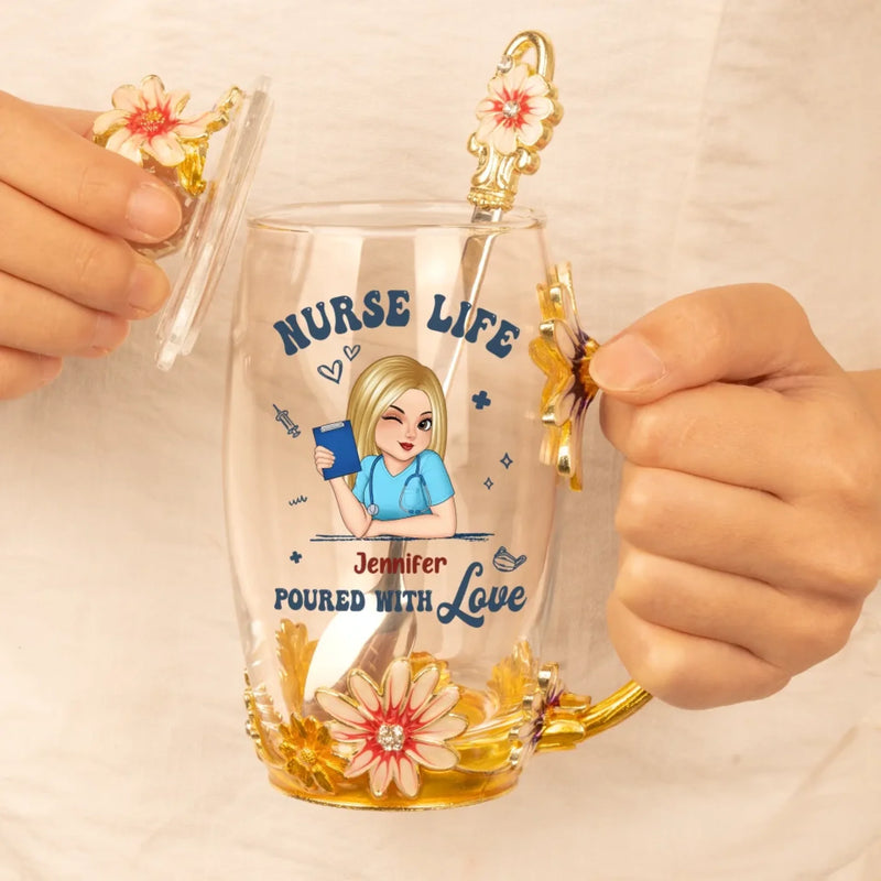 Life Saver In Cute Scrubs - Nurse Personalized Custom Enamel Flower Tea Cup With Lid & Spoon - Appreciation, Thank You Gift, Nurse Life, Doctor Life