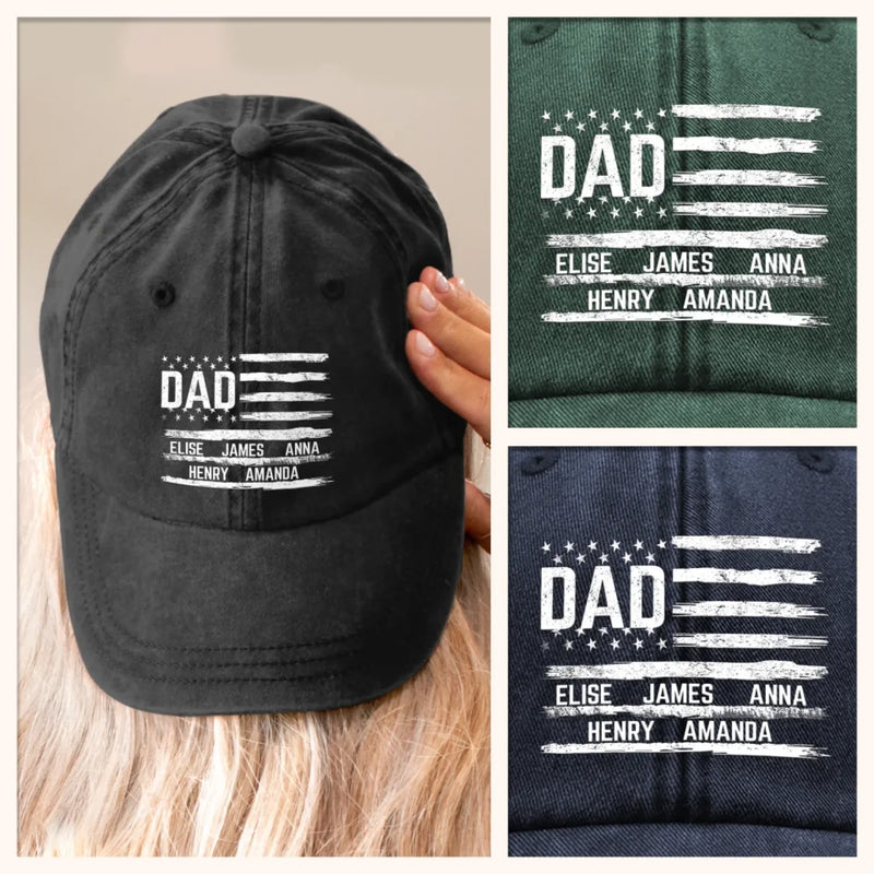 Carrying My Crew On My Cap - Family Personalized Custom Vintage Washed Denim Baseball Cap - Father's Day, Gift For Dad, Grandpa