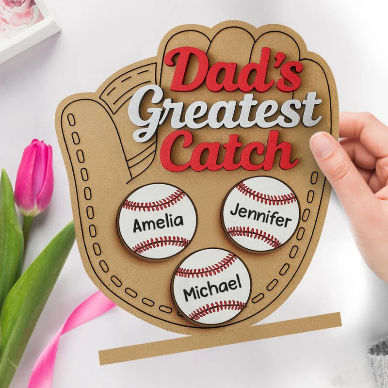 Dad's Greatest Catch - Family Personalized Custom Shaped 2-Layered Wooden Plaque With Flat Stand - Father's Day, House Warming Gift For Dad, Sport Lovers, Sport Players