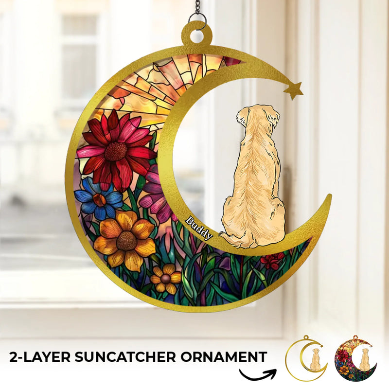 Custom Name Dog Moon and Floral Garden Decor - Personalized Suncatcher Ornament