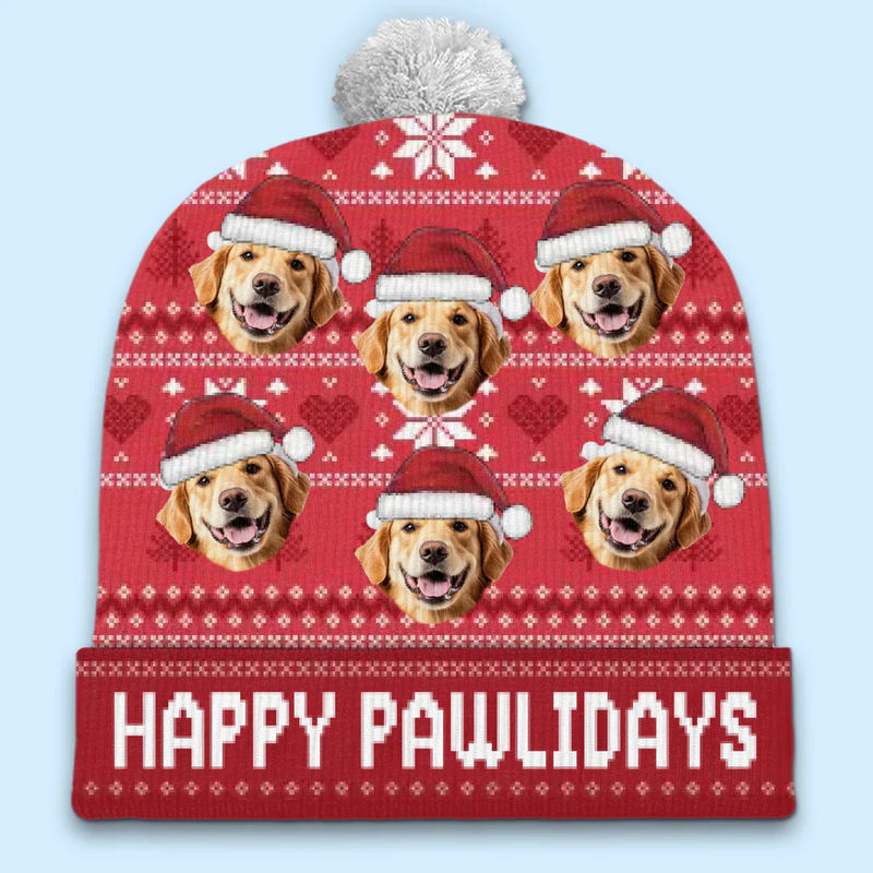 Custom Photo Love Is A Four-Legged Christmas - Dog & Cat Personalized Custom Christmas Beanie Hat - Christmas Gift For Pet Owners, Pet Lovers