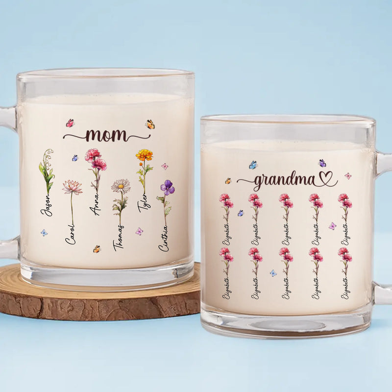 Grandma's Love Brings Blossoms To Life - Family Personalized Custom Glass Mug - Gift For Mom, Grandma