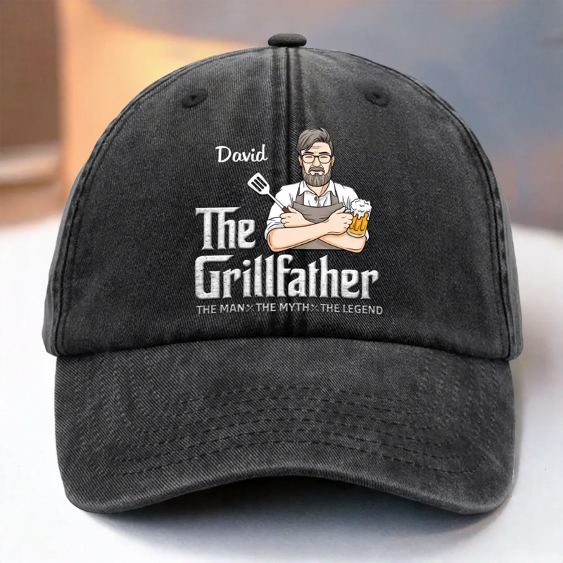 The Grillfather - Family Personalized Custom Vintage Washed Denim Baseball Cap - Father's Day, Gift For Dad, Grandpa