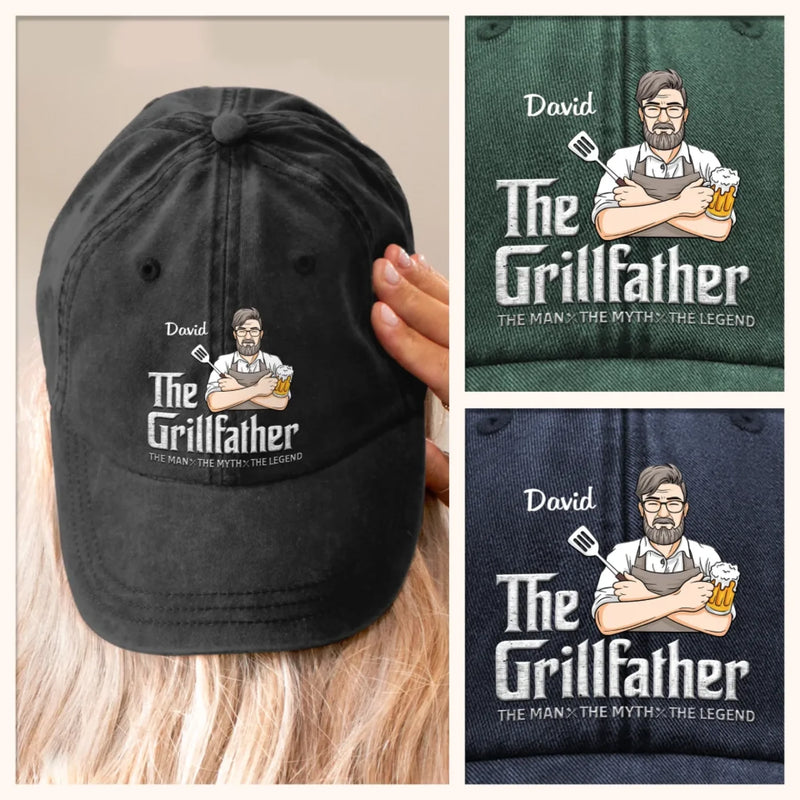 The Grillfather - Family Personalized Custom Vintage Washed Denim Baseball Cap - Father's Day, Gift For Dad, Grandpa