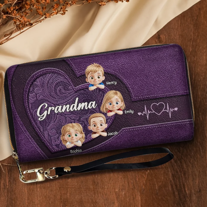Love Stitched Into Every Hug - Family Personalized Custom Leather Long Wallet - Mother's Day, Gift For Mom, Grandma