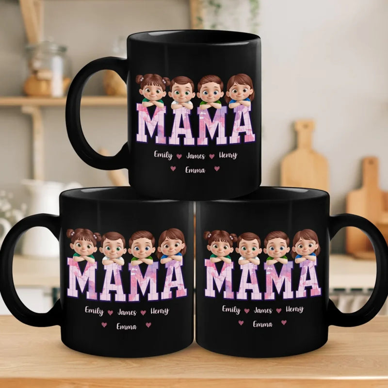 Wake Up To My World - Family Personalized Custom Black Mug - Mother's Day, Gift For Mom, Grandma
