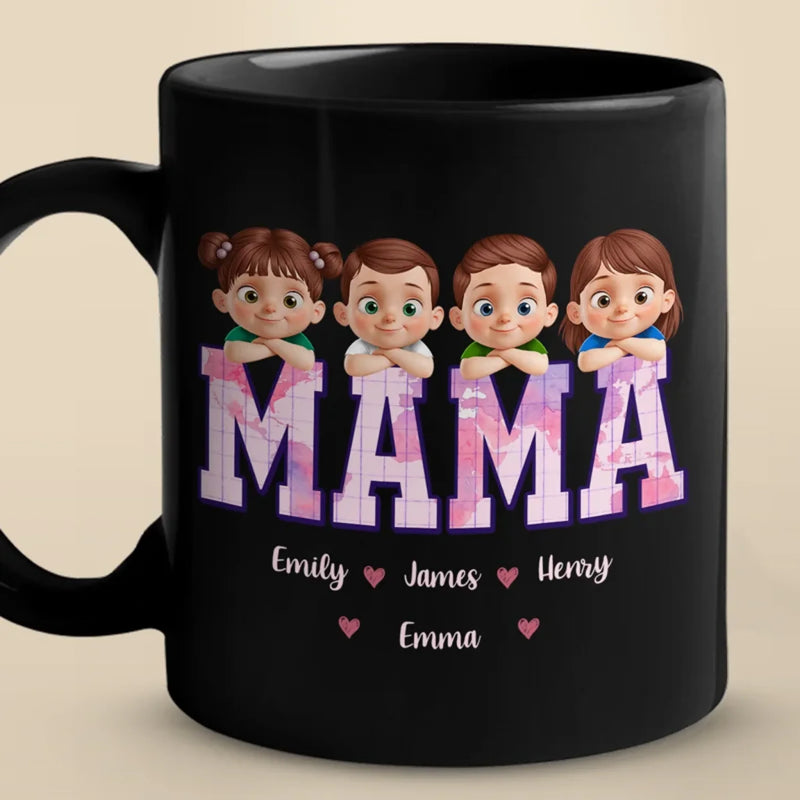 Wake Up To My World - Family Personalized Custom Black Mug - Mother's Day, Gift For Mom, Grandma