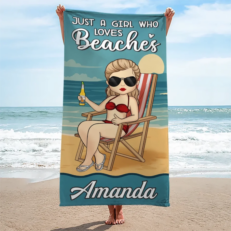 Just A Girl Who Needs Vitamin Sea - Bestie Personalized Custom Beach Towel - Summer Vacation Gift, Birthday Pool Party Gift For Best Friends, BFF, Sisters