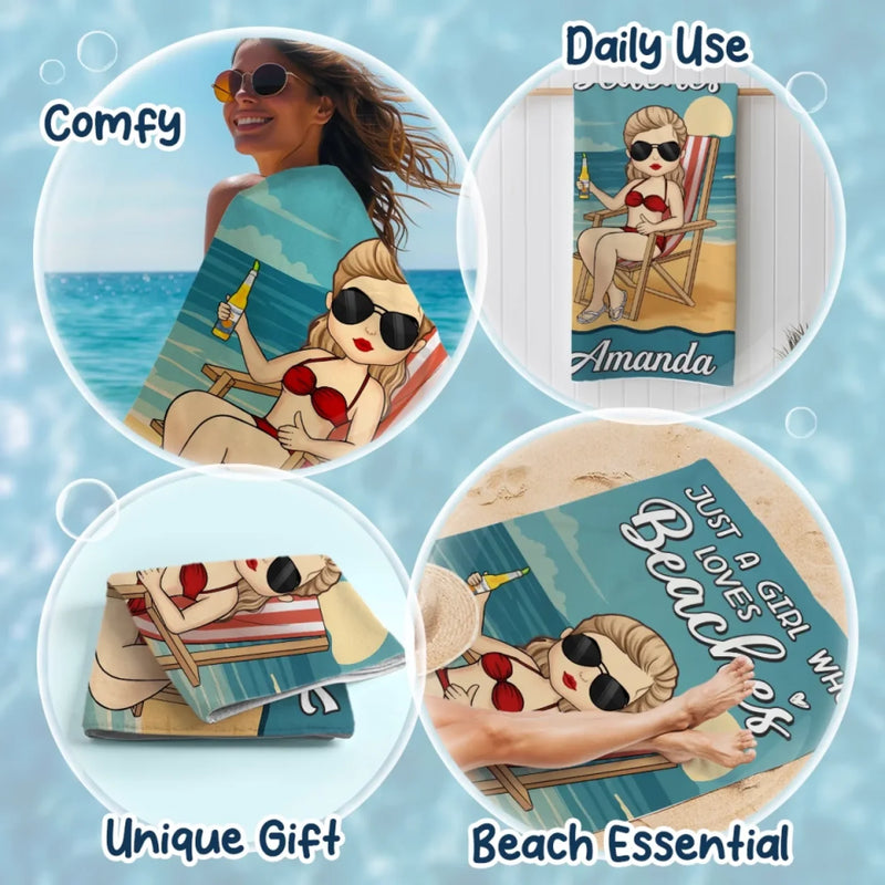 Just A Girl Who Needs Vitamin Sea - Bestie Personalized Custom Beach Towel - Summer Vacation Gift, Birthday Pool Party Gift For Best Friends, BFF, Sisters