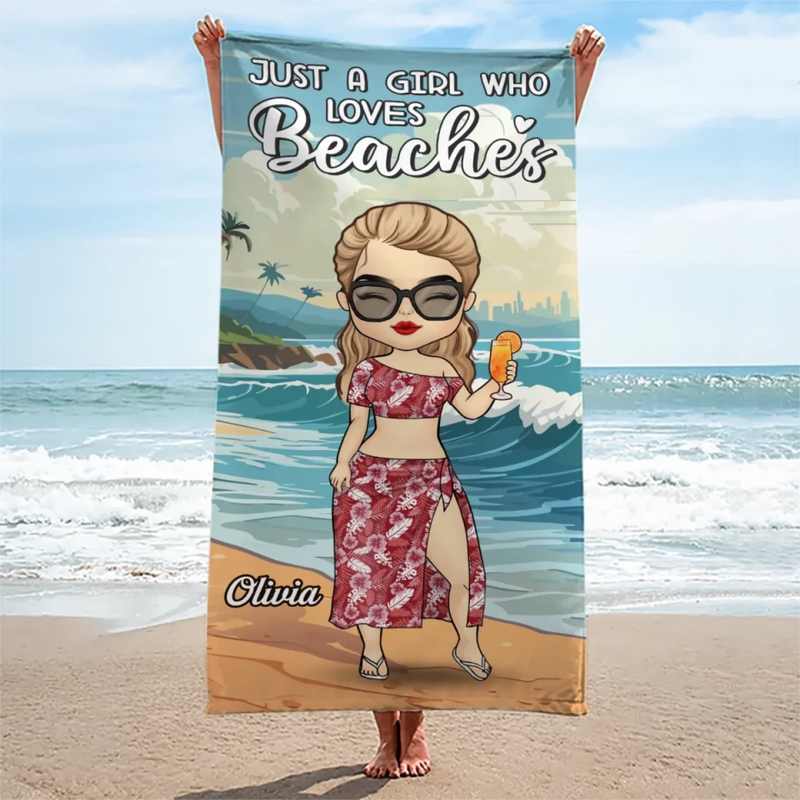 Just A Girl Living Her Beach Dream - Bestie Personalized Custom Beach Towel - Summer Vacation Gift, Birthday Pool Party Gift For Best Friends, BFF, Sisters