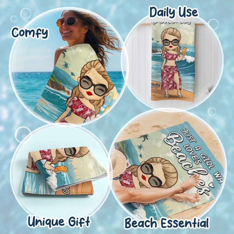 Just A Girl Living Her Beach Dream - Bestie Personalized Custom Beach Towel - Summer Vacation Gift, Birthday Pool Party Gift For Best Friends, BFF, Sisters
