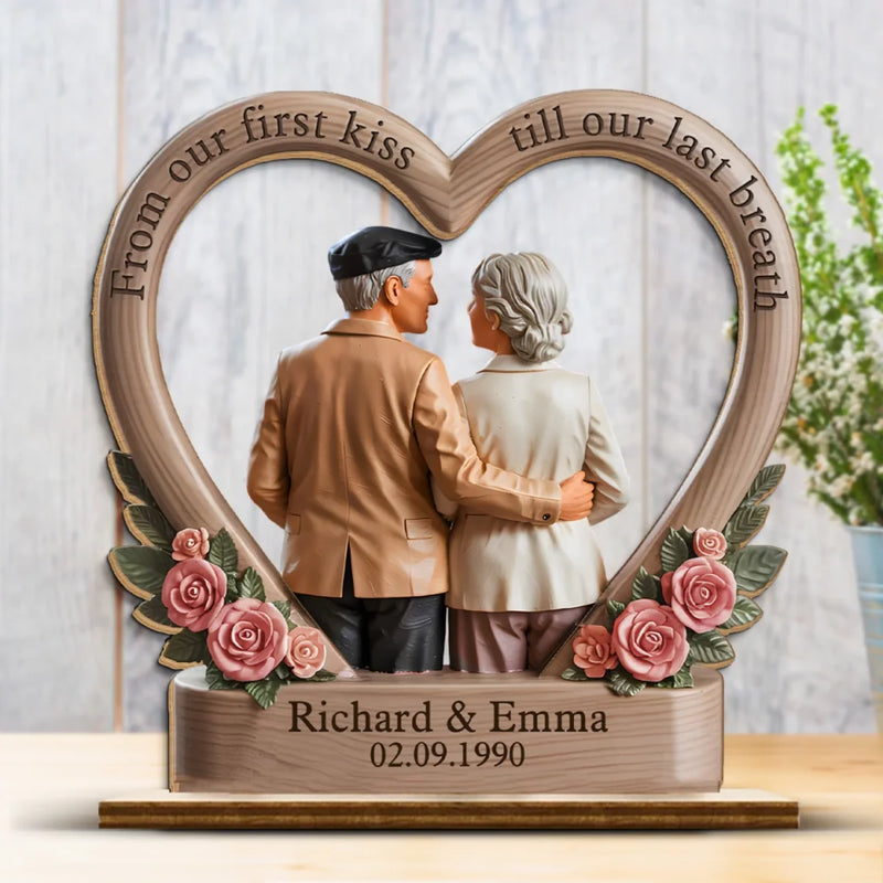 From Our First Kiss Till Our Last Breath - Couple Personalized Custom Shaped 2-Layered Wooden Plaque With Flat Stand - House Warming Gift For Husband Wife, Anniversary