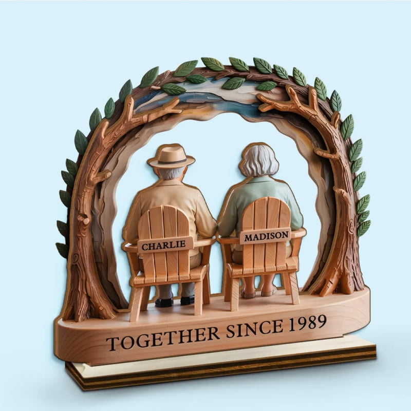 Growing Old Together, Side By Side - Couple Personalized Custom Shaped 2-Layered Wooden Plaque With Flat Stand - House Warming Gift For Husband Wife, Anniversary