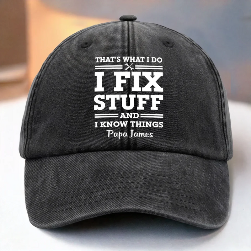 Papa Knows, Papa Fixes - Family Personalized Custom Vintage Washed Denim Baseball Cap - Father's Day, Gift For Dad, Grandpa