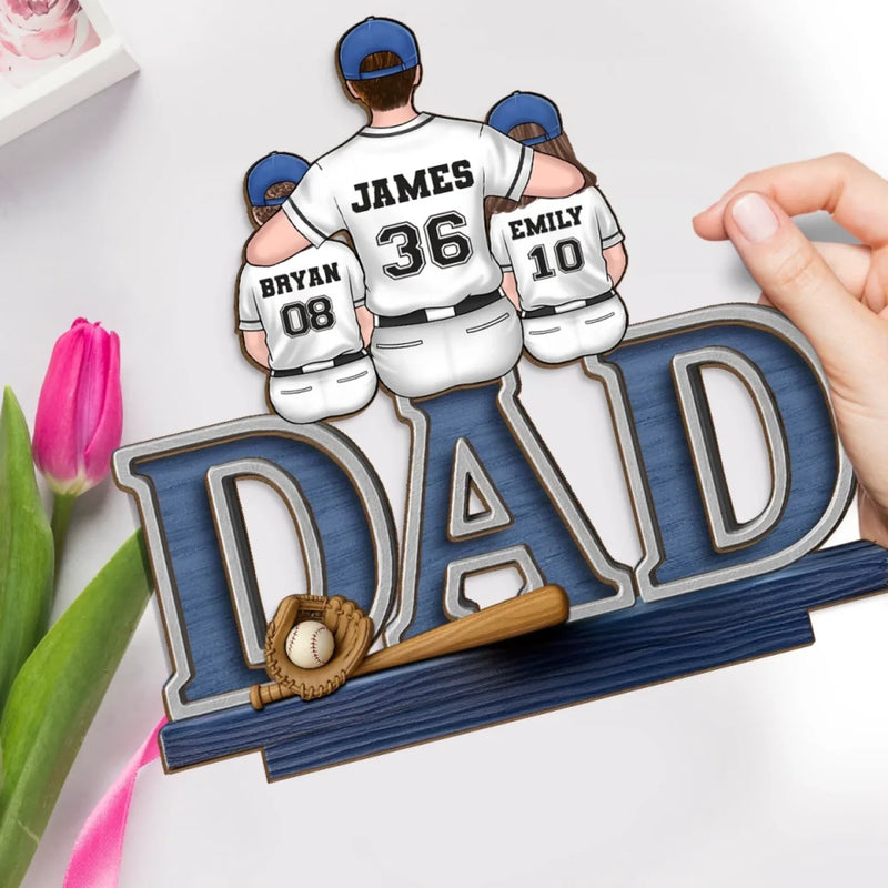 Dad, You’re Our Home Run - Family Personalized Custom Shaped 2-Layered Wooden Plaque With Flat Stand - Father's Day, House Warming Gift For Dad, Sport Lovers, Sport Players