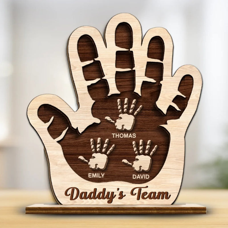 Side By Side, Hand In Hand - Family Personalized Custom Shaped 2-Layered Wooden Plaque With Flat Stand - Father's Day, House Warming Gift For Dad, Grandpa