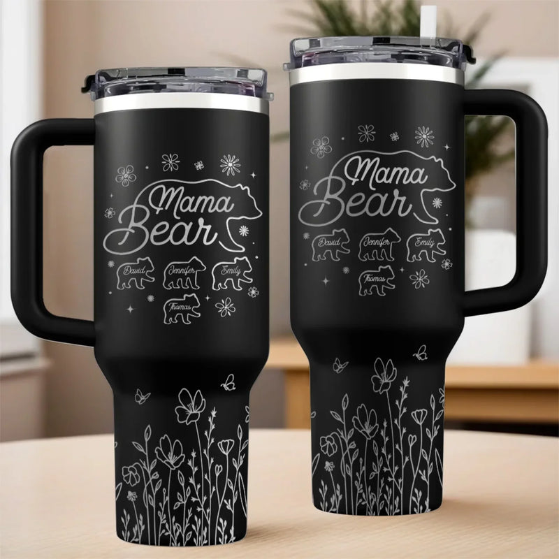 Custom Name Mama Bear Gifts for Moms - Personalized Engraved 40oz Tumbler With Handle