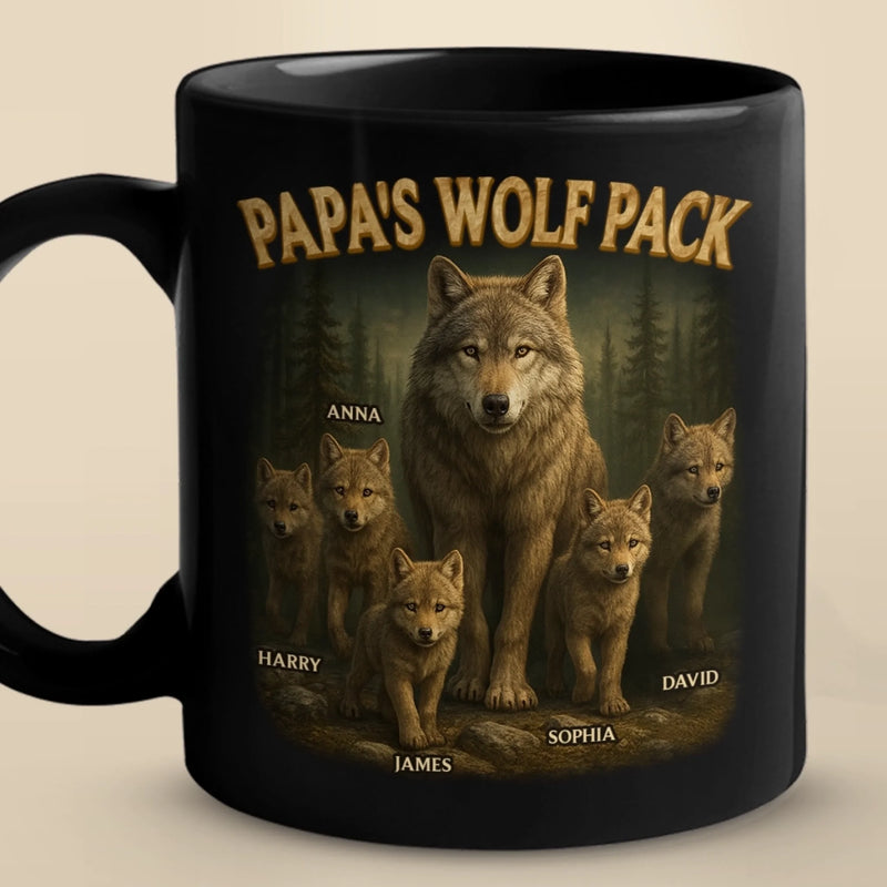 Bonded Like A Wolf Pack - Family Personalized Custom Black Mug - Father's Day, Gift For Dad, Grandpa