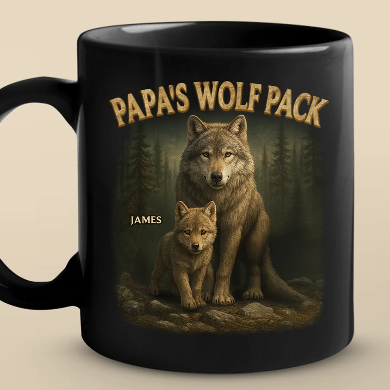 Bonded Like A Wolf Pack - Family Personalized Custom Black Mug - Father's Day, Gift For Dad, Grandpa