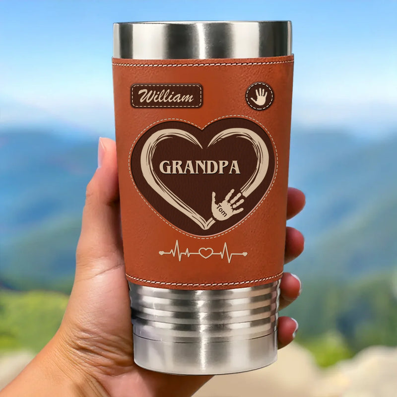 Hands Down, The Best Grandpa Ever - Family Personalized Custom Printed Leather Tumbler - Father's Day, Gift For Dad, Grandpa, Family Members
