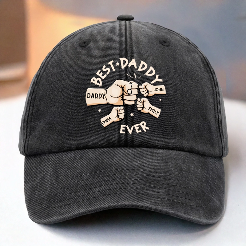 Tiny Fist, Big Love - Family Personalized Custom Vintage Washed Denim Baseball Cap - Father's Day, Gift For Dad, Grandpa