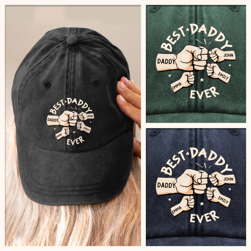 Tiny Fist, Big Love - Family Personalized Custom Vintage Washed Denim Baseball Cap - Father's Day, Gift For Dad, Grandpa