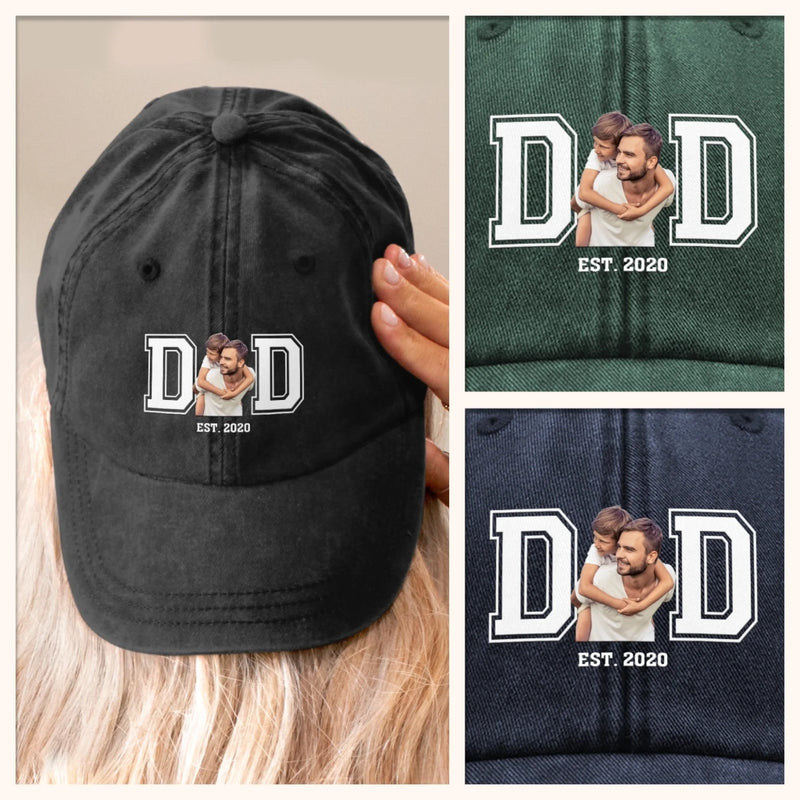 Custom Photo Powered By Love - Family Personalized Custom Vintage Washed Denim Baseball Cap - Father's Day, Gift For Dad