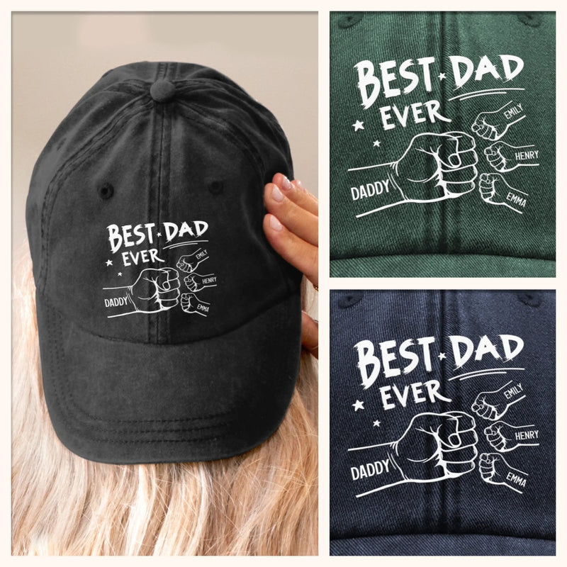 Hands Down, World's Best Dad - Family Personalized Custom Vintage Washed Denim Baseball Cap - Father's Day, Gift For Dad, Grandpa, Family Members