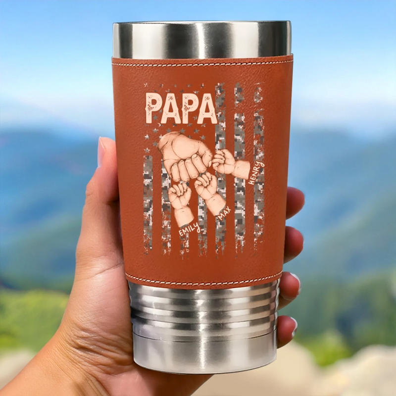 The Hand That Guides Us - Family Personalized Custom Printed Leather Tumbler - Father's Day, Gift For Dad, Grandpa, Family Members