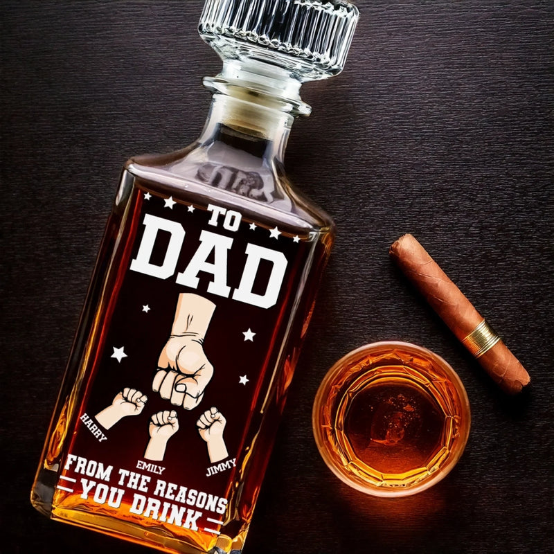 From The Reason You Drink - Family Personalized Custom Glass Whiskey Bottle - Father's Day, Gift For Dad, Grandpa
