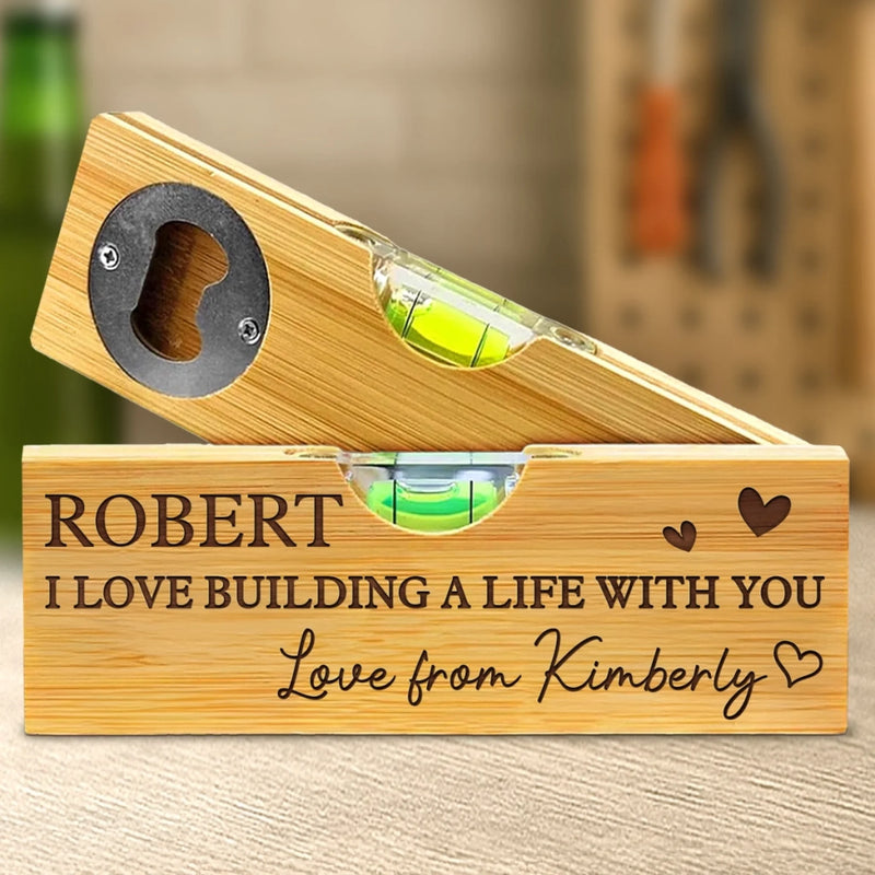 Our Love Is Always Level - Couple Personalized Custom Engraved Wooden Bottle Opener With Built-in Spirit Level - Gift For Husband Wife, Anniversary