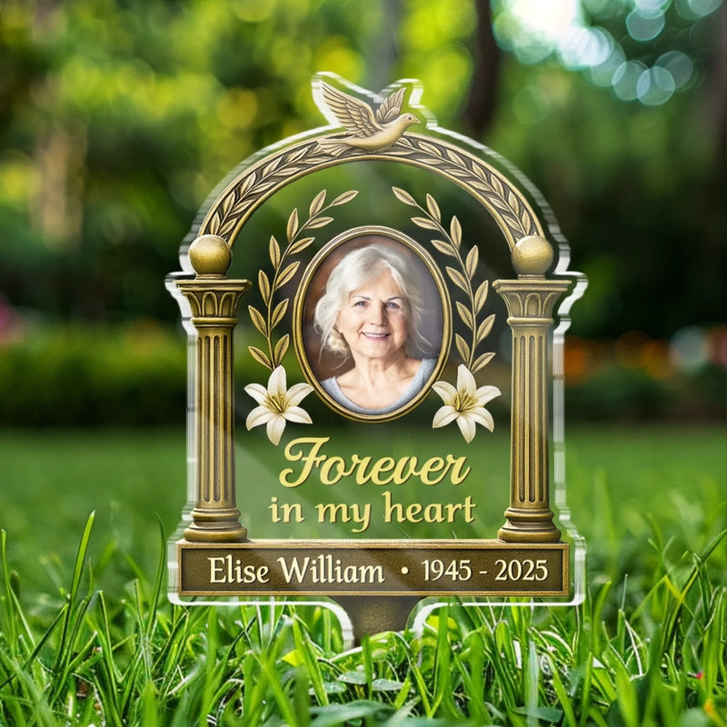 Custom Photo Carried In My Heart - Memorial Personalized Custom Stain Glass Style Acrylic Garden Stake - Sympathy Gift For Family Members