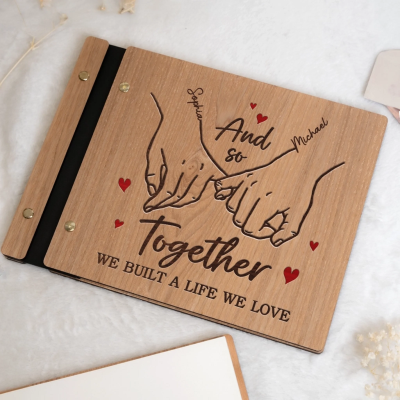 Hand In Hand - Couple Personalized Custom Wooden Scrapbook - Gift For Husband Wife, Anniversary