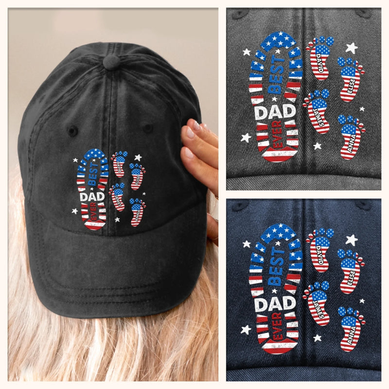 Coolest Papa In Town - Family Personalized Custom Vintage Washed Denim Baseball Cap US - 4th Of July, Gift For Dad, Grandpa