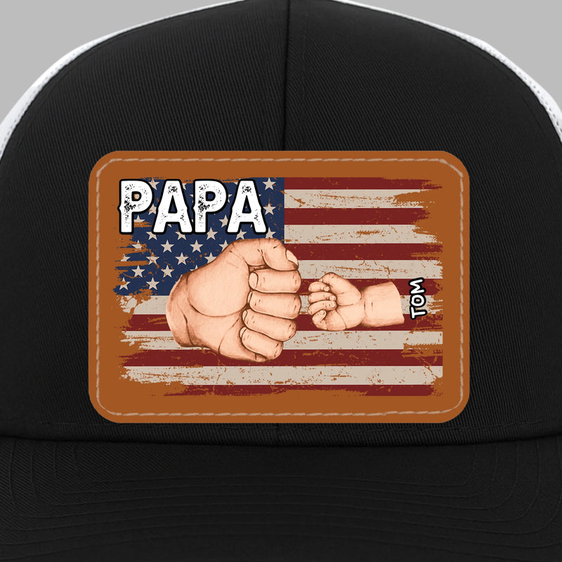 Strong Hands, Soft Heart - Family Personalized Custom Leather Patch Mesh Cap - 4th Of July, Gift For Dad, Grandpa