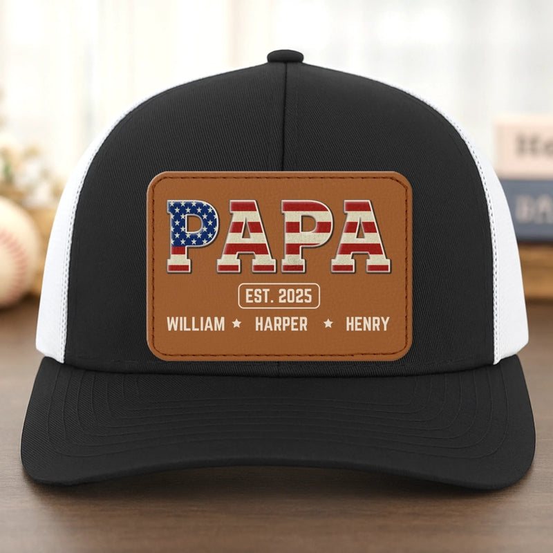 Papa Knows Best - Family Personalized Custom Leather Patch Mesh Cap - 4th Of July, Gift For Dad, Grandpa